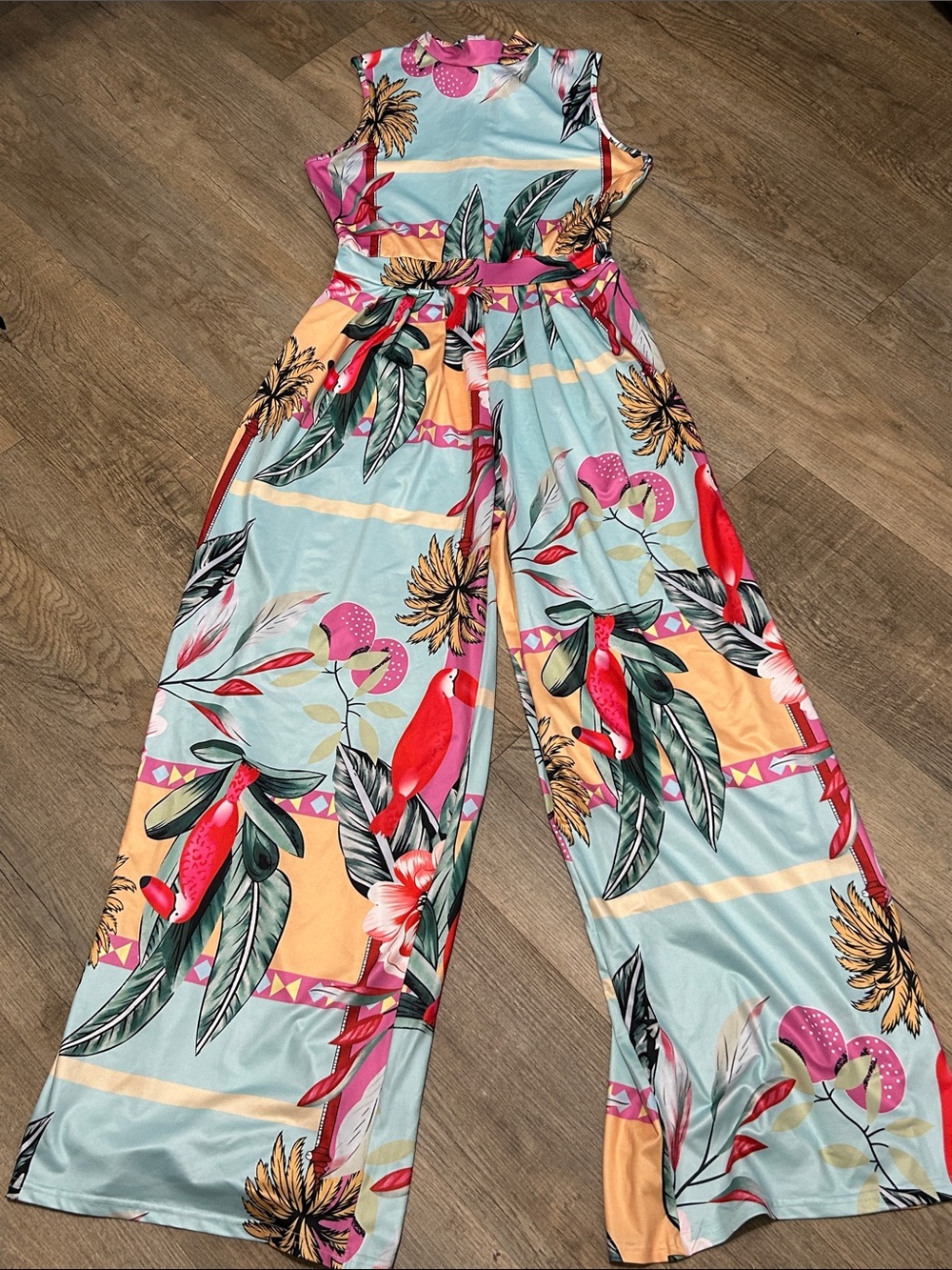 Tropical Print Wide-Leg Jumpsuit - Pink & Aqua